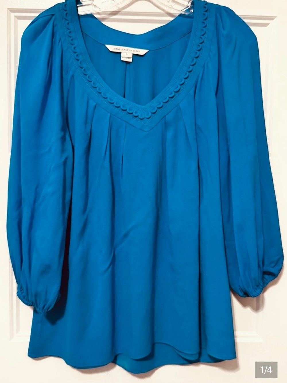 DVF Diane von Furstenberg Davi Silk Blend Balloon Sleeve Blue Blouse Size S
